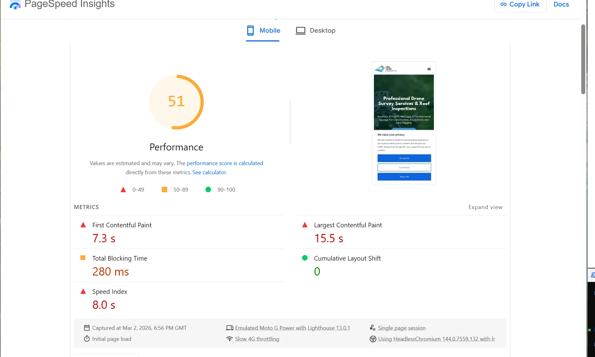 GTmetrix Speed Test - Before Optimization GTmetrix diagnostic analysis report displaying slow 4.8s fully loaded speed, poor performance grade, and massive layout shifts prior to server tuning and code optimization.